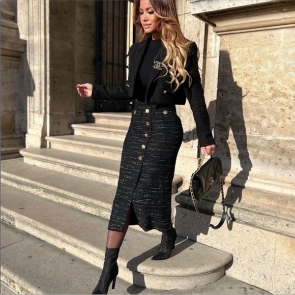 Zara Tweed Textured Buttoned Pencil Skirt In Black Size M - Picture 2 of 9